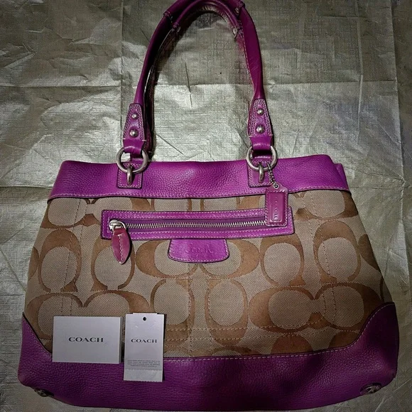 Vintage Coach purple Pink leather and Tan Signature Tote Bag shoulder bag 2009 - Picture 4 of 17